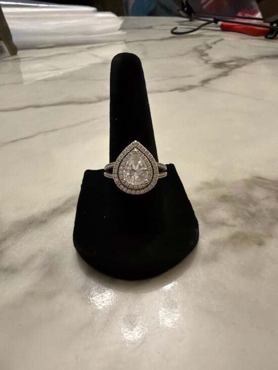 Jeulia Jewelry - Pear Cut Double Halo Split Shank Sterling Silver Ring Size 6.5-7